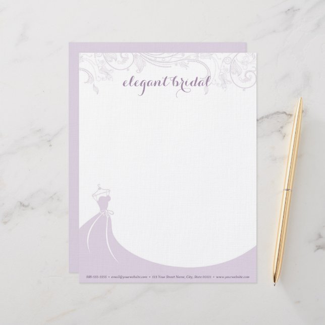 Elegant Bridal Wedding Gown Lila Letterhead Briefbogen (Vorderseite/Rückseite Beispiel)
