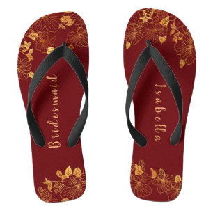 Elegant Bridesmaid Deep Burgundy & Gold Floral Badesandalen