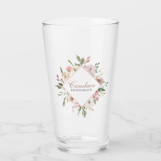 Elegant Bridesmaid Pink Floral Personalisiert Glas (Vorderseite)