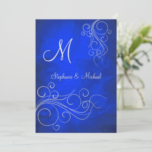 Elegant Bright Blue Silver Monogram Wedding Einladung (Stehend Vorderseite)