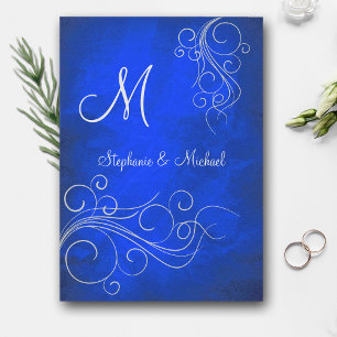 Elegant Bright Blue Silver Monogram Wedding Einladung