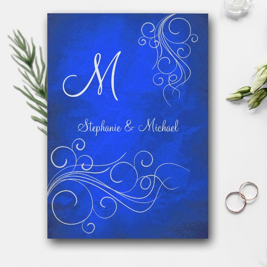 Elegant Bright Blue Silver Monogram Wedding Einladung