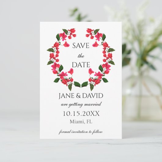 Elegant Bright Bougainvillea Save the Date Card (Stehend Vorderseite)