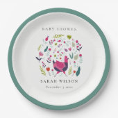 Elegant Bright Folk Farm Floral Birdie Baby Shower Pappteller (Vorderseite)