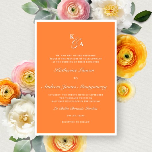 Elegant Bright Orange Monogram Bold formale Hochze Einladung