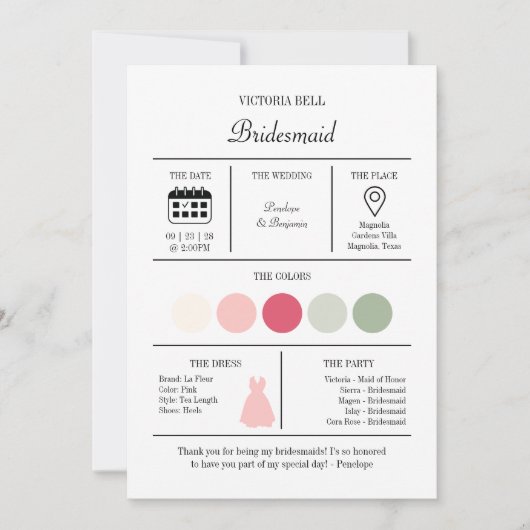 Elegant Bright Pink Bridesmaid Information Card Einladung (Vorderseite)