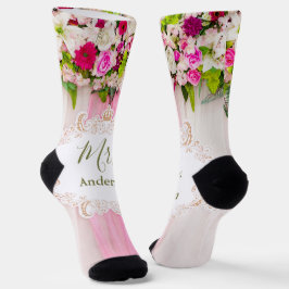 Elegant Bright Pink Floral Wedding Mrs. Socken