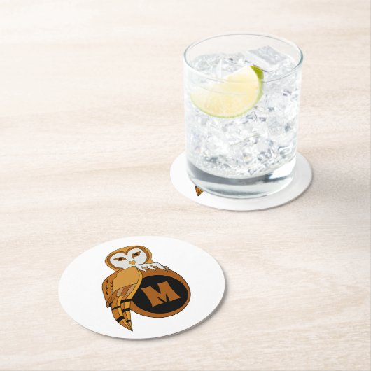 Elegant British Barn Owl Monogram Runder Pappuntersetzer (Vor Ort)