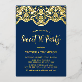 Elegant Brocade Lace Navy Blue Sweet 16 Party Folieneinladung