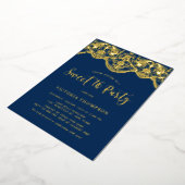 Elegant Brocade Lace Navy Blue Sweet 16 Party Folieneinladung (Gedreht)