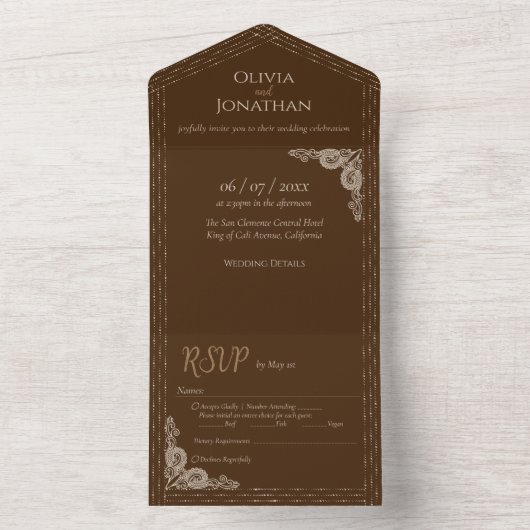 Elegant Bronz Verziert in einer Hochzeit All In One Einladung (Innen Boden)