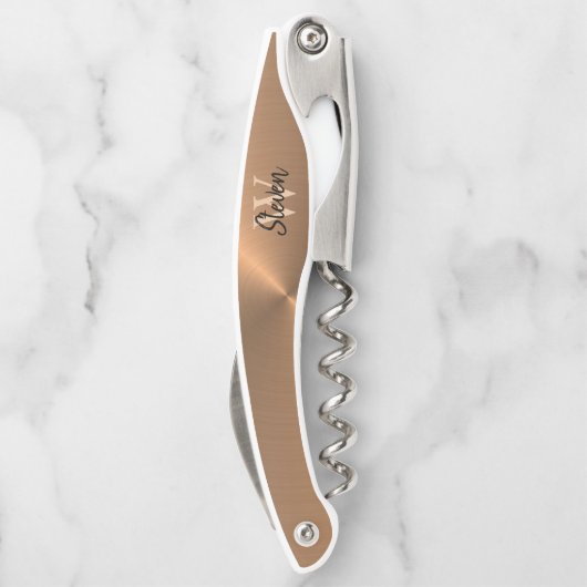 Elegant Bronze Metallic Monogram Name Kellnermesser (Rückseite)