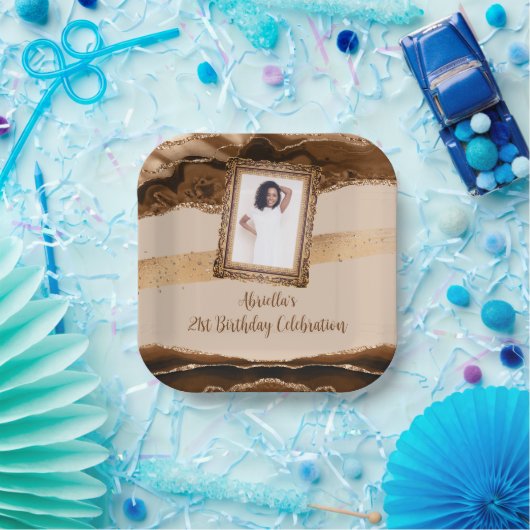 Elegant Brown Agate Foto Einladung Pappteller (Party)