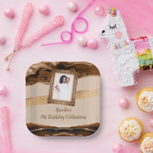 Elegant Brown Agate Foto Einladung Pappteller (Party)