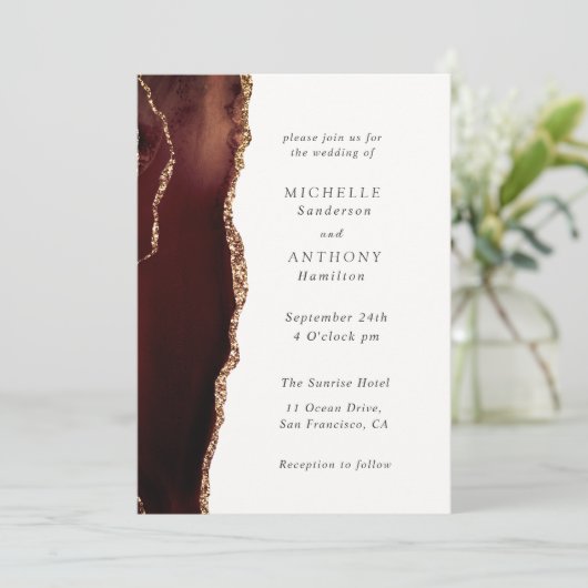 Elegant Brown Agate Gold Einladung (Stehend Vorderseite)