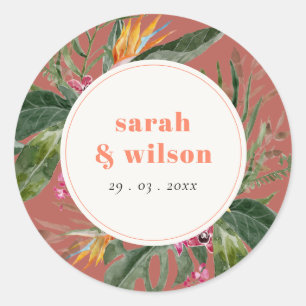 Elegant Brown Blush Boho Tropical Floral Wedding Runder Aufkleber