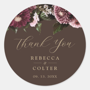 Elegant Brown Burgundy Floral Wedding Runder Aufkleber
