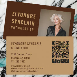 Elegant Brown Chocolatier Personal Photo Social QR Visitenkarte