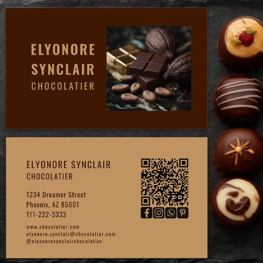 Elegant Brown Chocolatier Photo Social QR Code  Visitenkarte