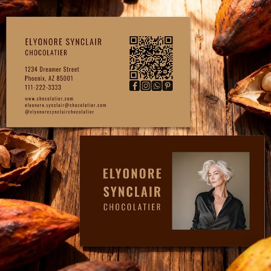 Elegant Brown Chocolatier Photo Social QR Code  Visitenkarte