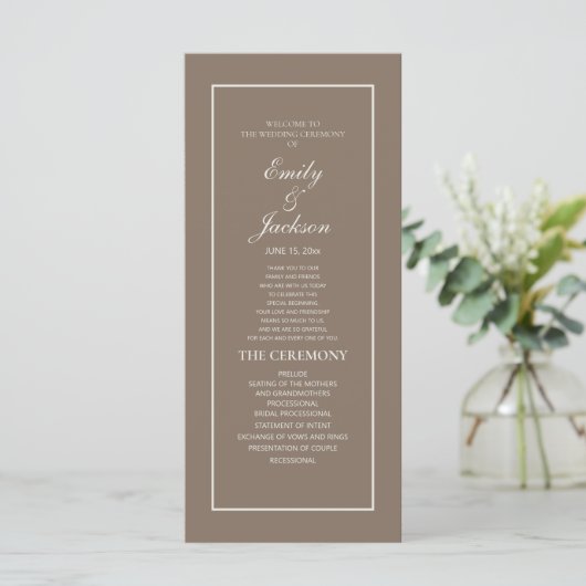 Elegant Brown Cream Script Wedding Program Programm (Stehend Vorderseite)