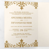 Elegant Brown Damask Traditionelle indische Hochze Dreifach Gefaltete Einladung (Innen Erste Seite)