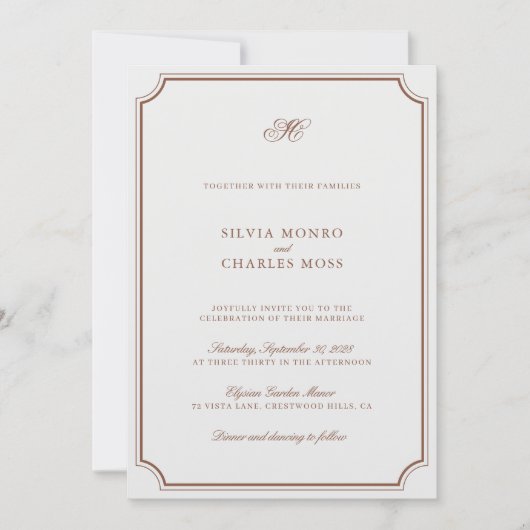 Elegant Brown & Ecru Classic Script Wedding Einladung (Vorderseite)