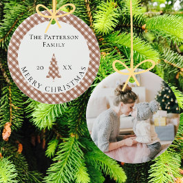 Elegant Brown Gingham Plaid Photo Merry Christmas Keramik Ornament