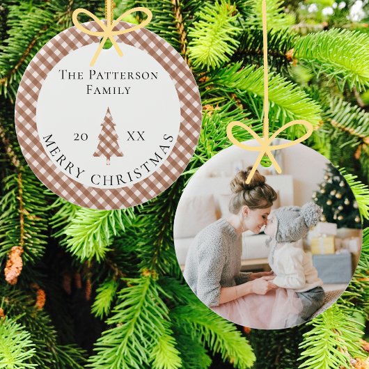Elegant Brown Gingham Plaid Photo Merry Christmas Keramik Ornament