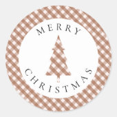 Elegant Brown Gingham Plaid Pine Merry Christmas Runder Aufkleber (Vorderseite)