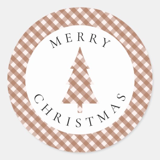 Elegant Brown Gingham Plaid Pine Merry Christmas Runder Aufkleber (Vorderseite)