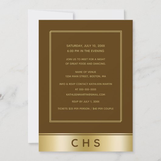 Elegant Brown Gold Script 10th Class Wiedersehen Einladung (Rückseite)