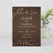 Elegant Brown & Gold String Lights wedding  Save The Date (Stehend Vorderseite)