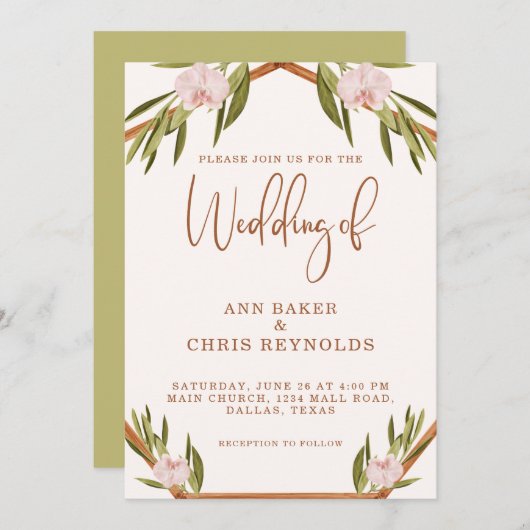Elegant Brown Green Pink Boho Einladung zur Hochze (Vorne/Hinten)