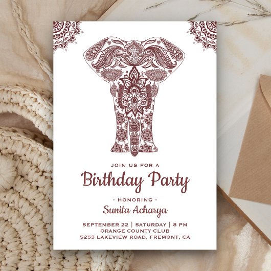 Elegant Brown Henna Elephant Geburtstagsparty Einladung