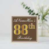 Elegant, Brown, Imitat-Gold88. Geburtstag + Name Einladung (Stehend Vorderseite)