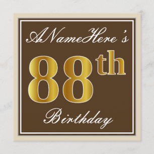 Elegant, Brown, Imitat-Gold88. Geburtstag + Name Einladung
