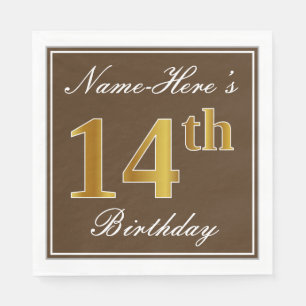 Elegant Brown, Imitate Gold 14. Geburtstag + Name Serviette