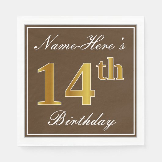 Elegant Brown, Imitate Gold 14. Geburtstag + Name Serviette (Vorderseite)