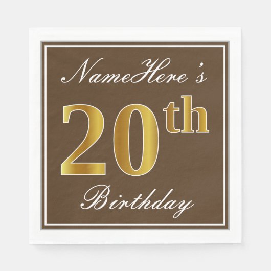 Elegant Brown, Imitate Gold 20. Geburtstag + Name Serviette (Vorderseite)