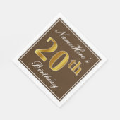 Elegant Brown, Imitate Gold 20. Geburtstag + Name Serviette (Ecke)
