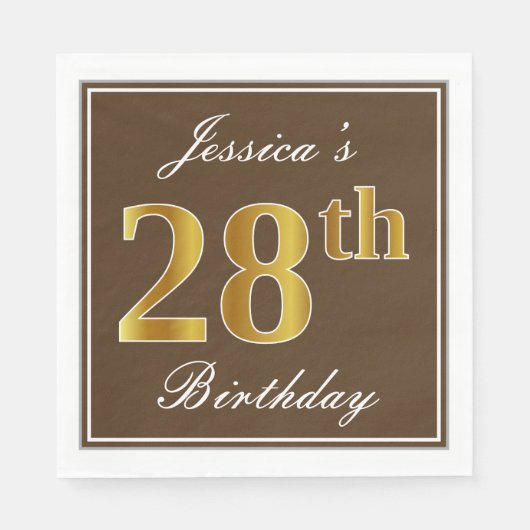 Elegant Brown, Imitate Gold 28. Geburtstag + Name Serviette (Vorderseite)