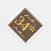 Elegant Brown, Imitate Gold 34. Geburtstag + Name Serviette (Ecke)