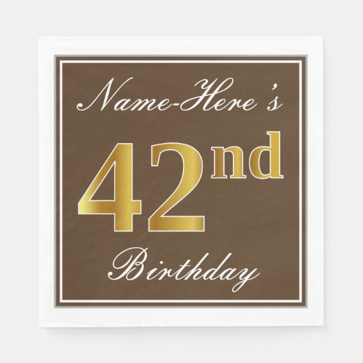 Elegant Brown, Imitate Gold 42. Geburtstag + Name Serviette (Vorderseite)