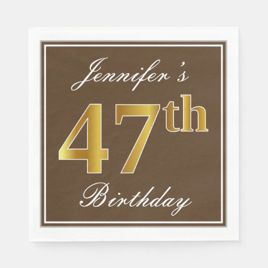Elegant Brown, Imitate Gold 47. Geburtstag + Name Serviette (Vorderseite)