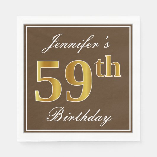 Elegant Brown, Imitate Gold 59. Geburtstag + Name Serviette (Vorderseite)