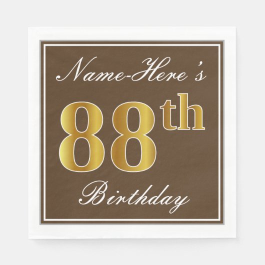 Elegant Brown, Imitate Gold 88. Geburtstag + Name Serviette (Vorderseite)
