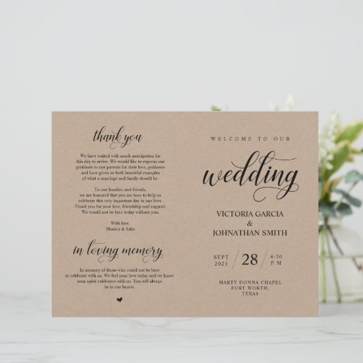 Elegant Brown Kraft, Wed Zeremony Foldable Program (Stehend Vorderseite)