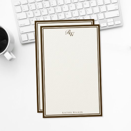 Elegant Brown Monogram Two Border Briefpapier