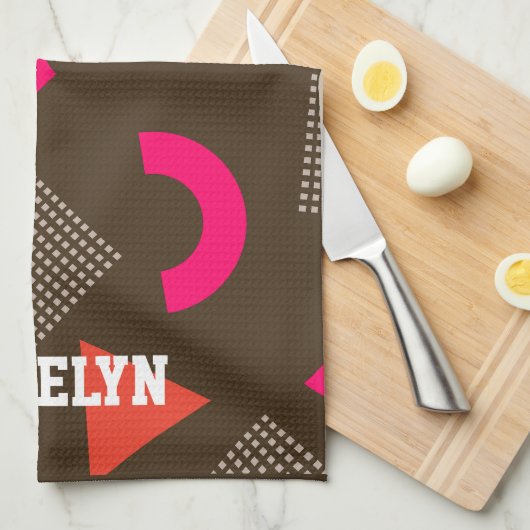 Elegant Brown Orange Geometric Personalized Name Geschirrtuch (Viertel Falte)
